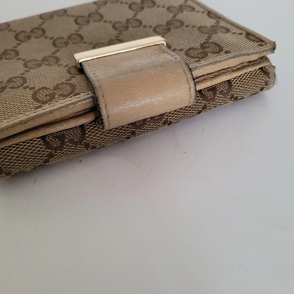 Gucci GG Supreme Canvas Bifold Wallet Tan Leather Monogram 212090-0959